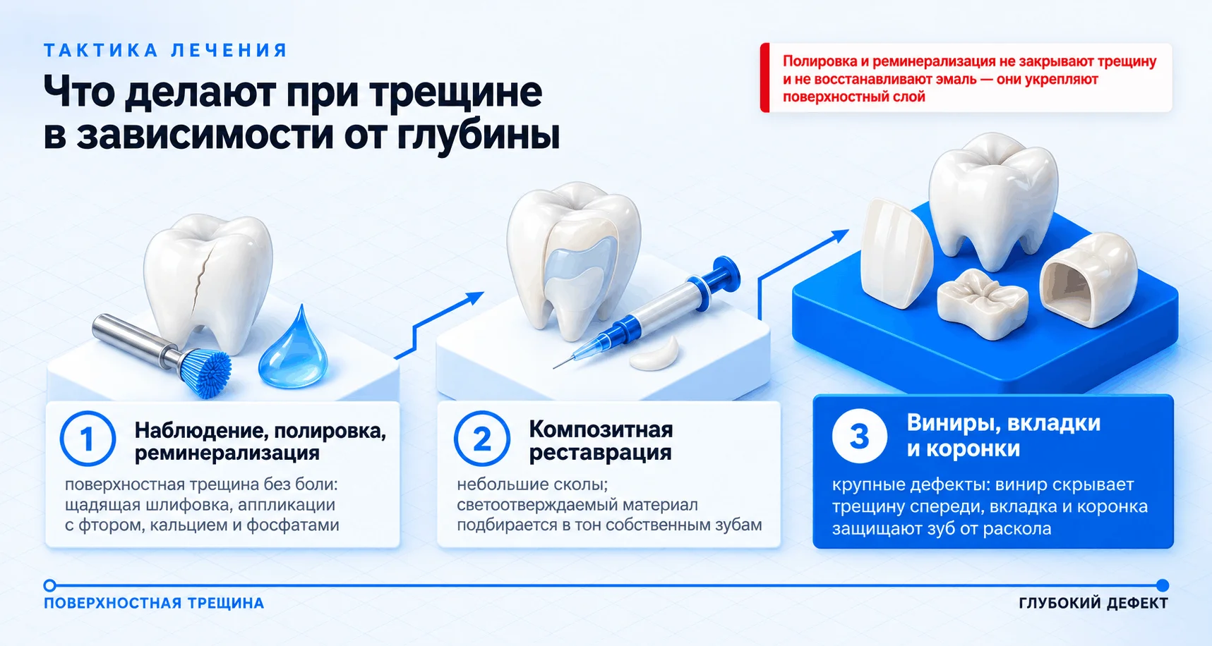 Лечение трещины эмали: наблюдение, полировка и реминерализация, композитная реставрация, виниры, вкладки и коронки