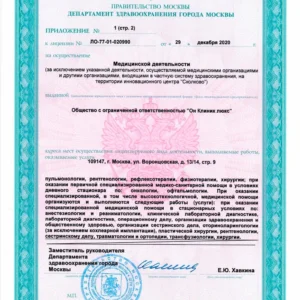 Лицензия на медицинскую деятельность ООО «Он Клиник люкс» № Л041-01137-77/00323390 от 29.12.2020, лист 3 из 13