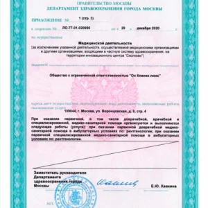 Лицензия на медицинскую деятельность ООО «Он Клиник люкс» № Л041-01137-77/00323390 от 29.12.2020, лист 4 из 13