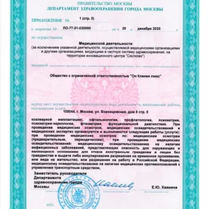 Лицензия на медицинскую деятельность ООО «Он Клиник люкс» № Л041-01137-77/00323390 от 29.12.2020, лист 6 из 13