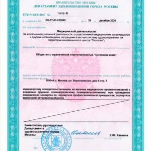 Лицензия на медицинскую деятельность ООО «Он Клиник люкс» № Л041-01137-77/00323390 от 29.12.2020, лист 6 из 13
