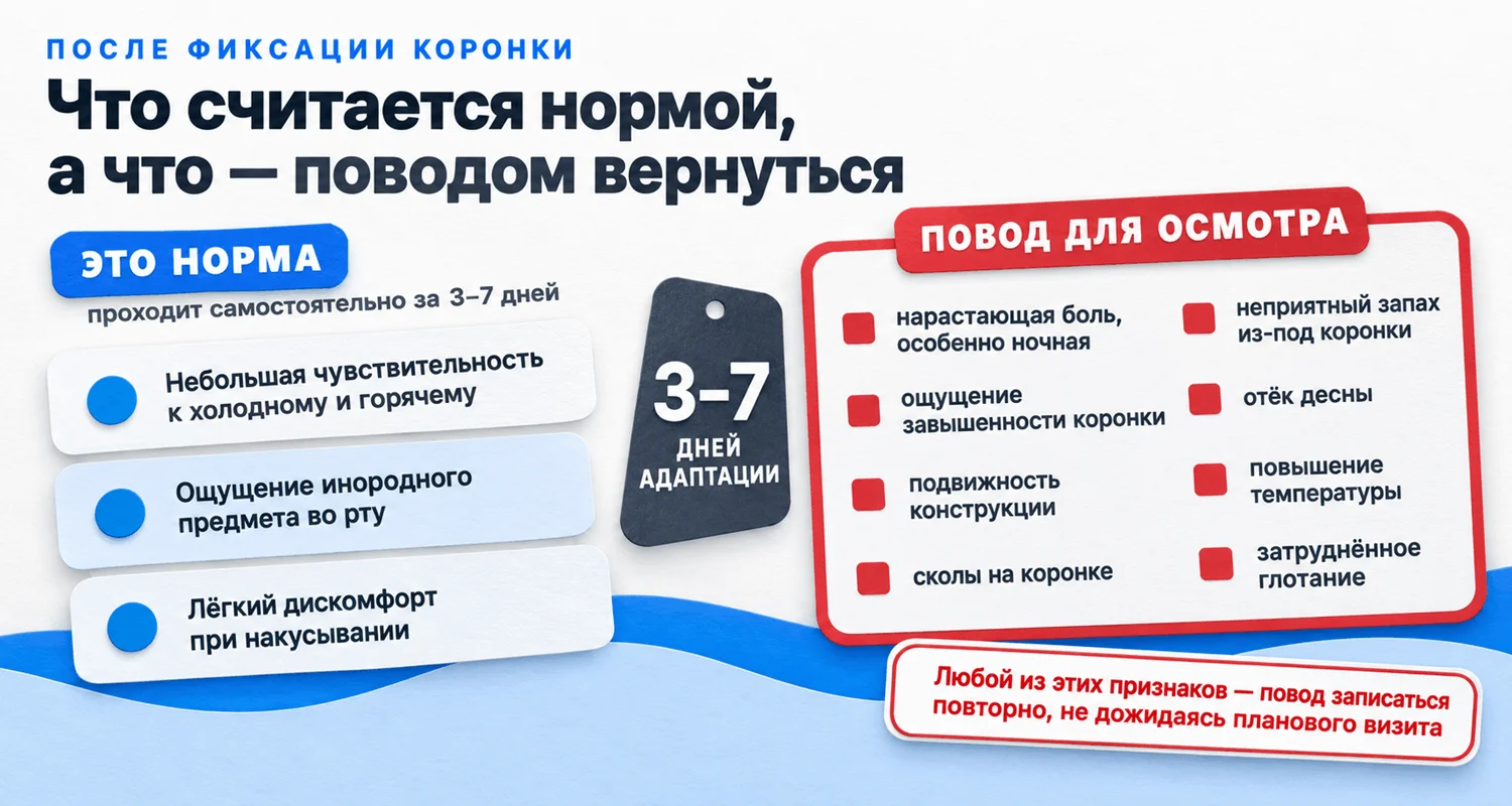 После установки коронки: нормальная чувствительность и адаптация за 3–7 дней и тревожные симптомы — нарастающая боль, завышенность коронки, подвижность, отёк десны