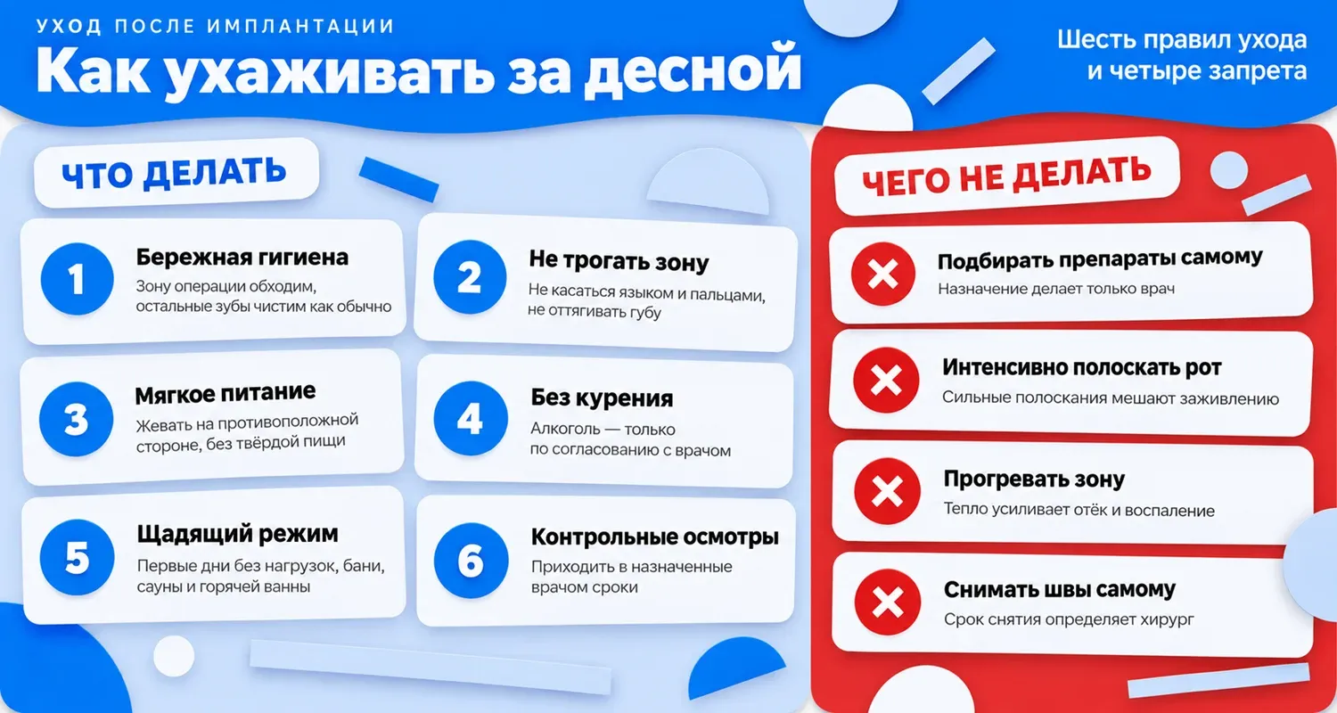 Уход за десной после имплантации: шесть правил — бережная гигиена, не трогать зону, мягкое питание, отказ от курения, щадящий режим, осмотры — и четыре запрета