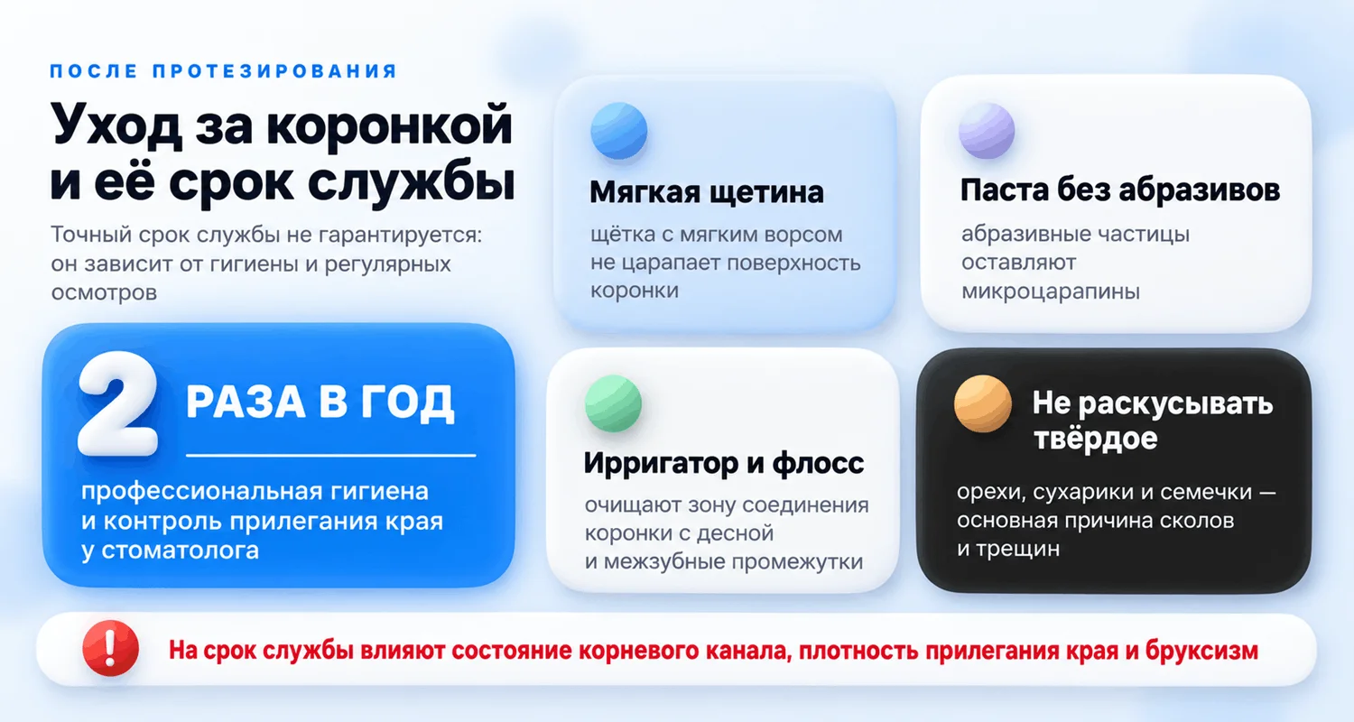 Уход за зубной коронкой: мягкая щётка, паста без абразивов, ирригатор и флосс, отказ от раскусывания твёрдого, профессиональная гигиена два раза в год